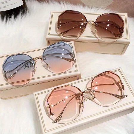 3pcs Women's Rimless Cut-Edge Fashion Glasses with Metal Curved Legs - Gradient Color Transition Lenses (Light Blue to Pink), & Stylish Decorative Design for Fashion Accessories, Glasses Fashion, Casual Eyewear, Chic Eyewear Style, Metallic Hangers