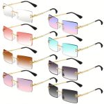 8 Pairs Vintage Rimless Rectangle Fashion Glasses - Golden Metal Frameless Eyewear with Mirrored Tinted Lenses, & Anti-Glare for,, - Unisex Fashion Accessories for Women & Men