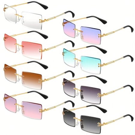 8 Pairs Vintage Rimless Rectangle Fashion Glasses - Golden Metal Frameless Eyewear with Mirrored Tinted Lenses, & Anti-Glare for,, - Unisex Fashion Accessories for Women & Men